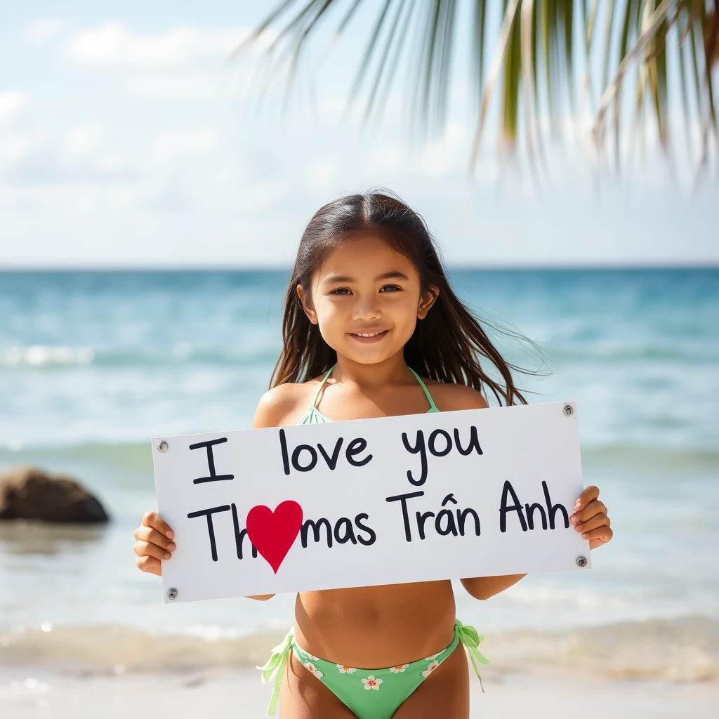 A young girl in a bikini holding a sign with the text "I love you Thomas Tran Anh". - Image