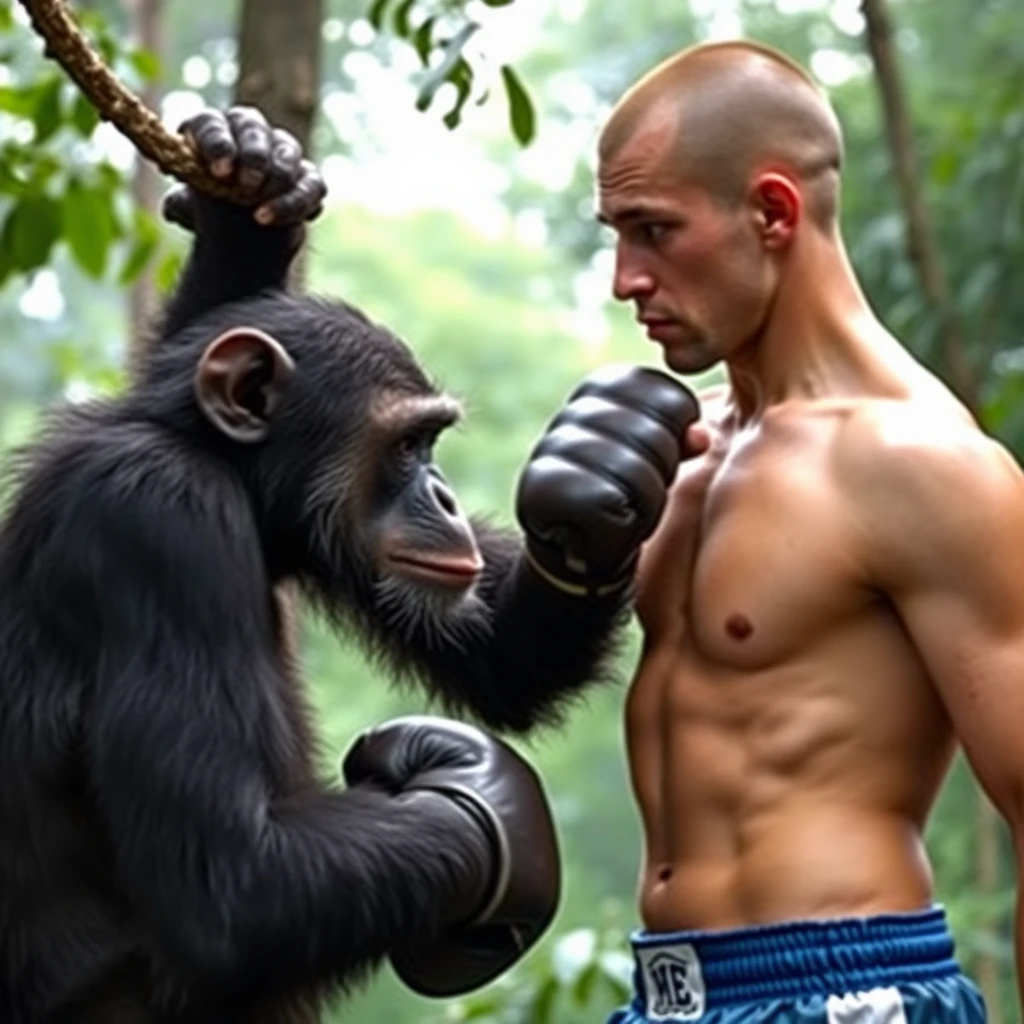 A boxer with shaved hair, 21 years old, Caucasian appearance, 5'9" tall and weighing 120 pounds facing a chimpanzee in the forest.