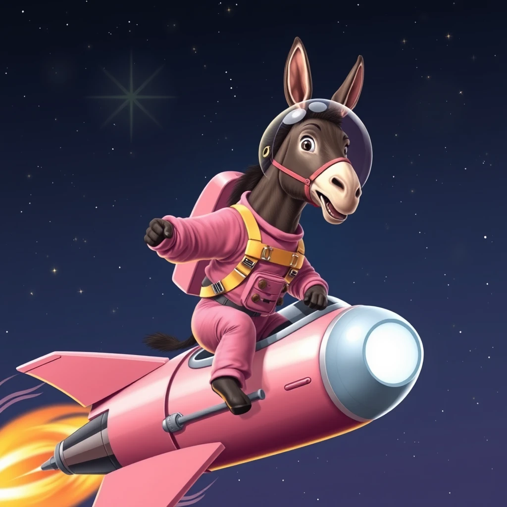 An ambitious donkey wearing pink astronaut costume, riding on a stunning spaceship, making a punching gesture, flying to the outerspace under a clear night sky with lots of shining stars. Realistic style.