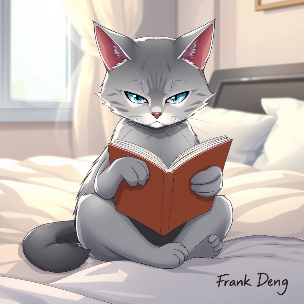 Subject: A silver cat with aloof expression sitting on the bed reading a book.  
Character: An anime style silver tabby cat with sleek fur, icy blue eyes, and a generally aloof expression. The cat is sitting upright on a bed with its legs crossed, holding a book open with one paw and resting the other on the page. Its tail is curled neatly around its body.  
Clothing: None, the cat is not wearing any clothes.  
Action: The cat is engrossed in reading, its gaze focused intently on the pages of the book.  
Background: A cozy bedroom with soft lighting. The bed is neatly made with a fluffy comforter and pillows. There might be a window in the background with soft sunlight streaming in.  
Signature: "Frank Deng" written in a stylish, legible font, perhaps in the bottom right corner of the image.  
Style: Anime style with clean lines and vibrant colors. The overall mood should be calm and serene, reflecting the cat's focused concentration.  
Lighting: Soft, warm lighting, perhaps coming from a bedside lamp, creating a gentle glow around the cat and the book.  
Details: Pay attention to the details of the cat's fur, the texture of the bed linens, and the intricate details of the book cover. The cat's expression should convey a sense of intelligence and focus.  
Color Palette: Predominantly cool tones with hints of warm colors in the lighting and background. The silver of the cat's fur should be the dominant color.