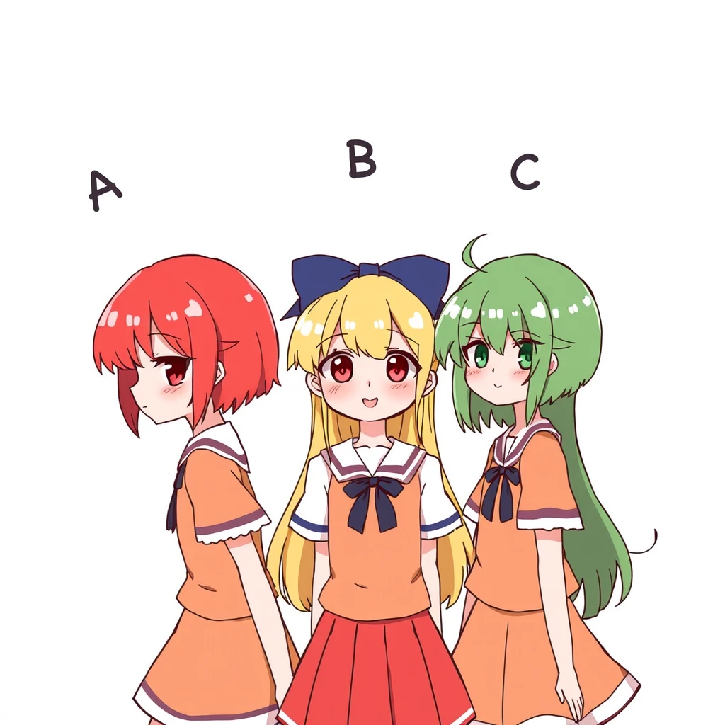 Three cute girls. A: red hair, B: yellow hair, C: green hair.