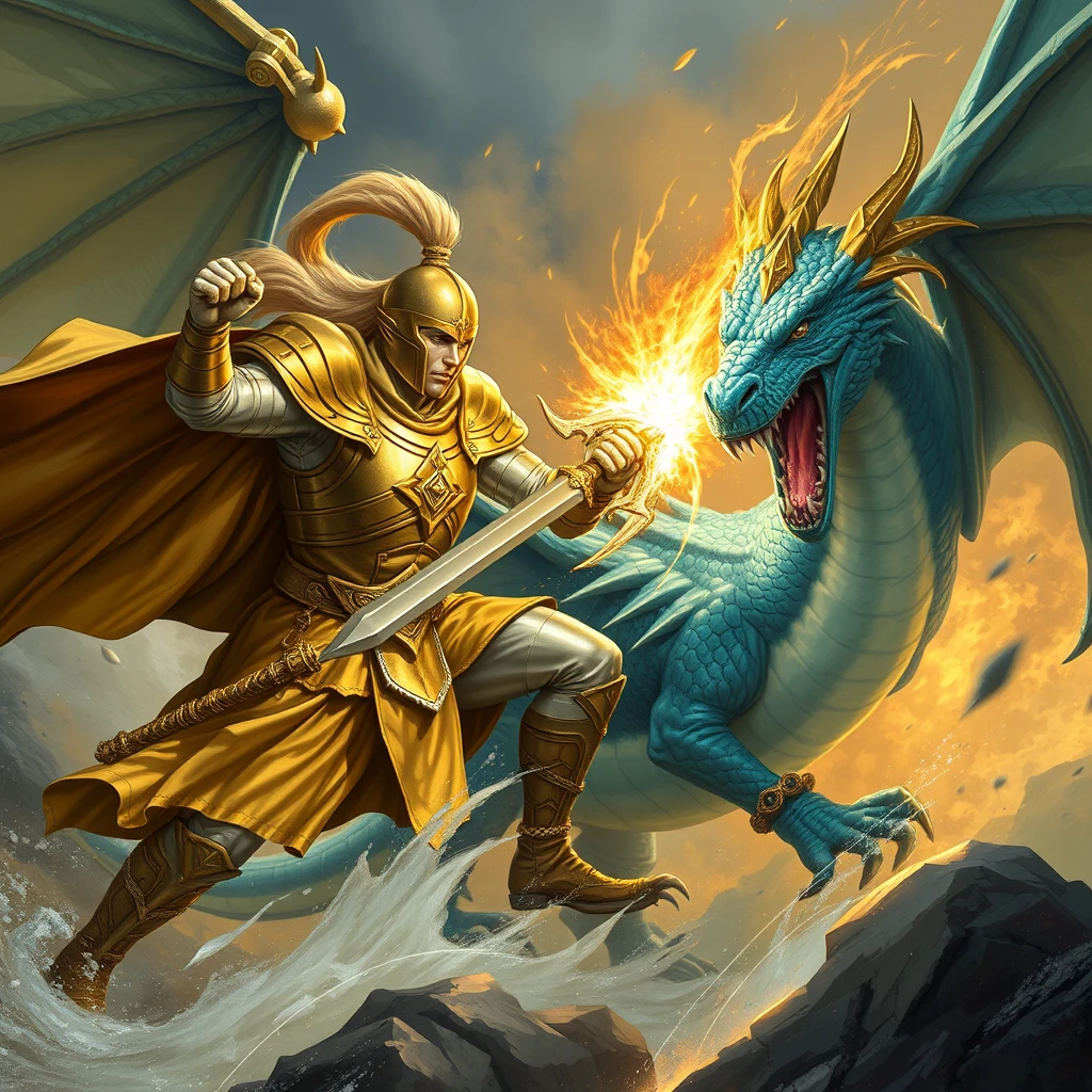 Gold and silver paladin fighting a blue dragon.