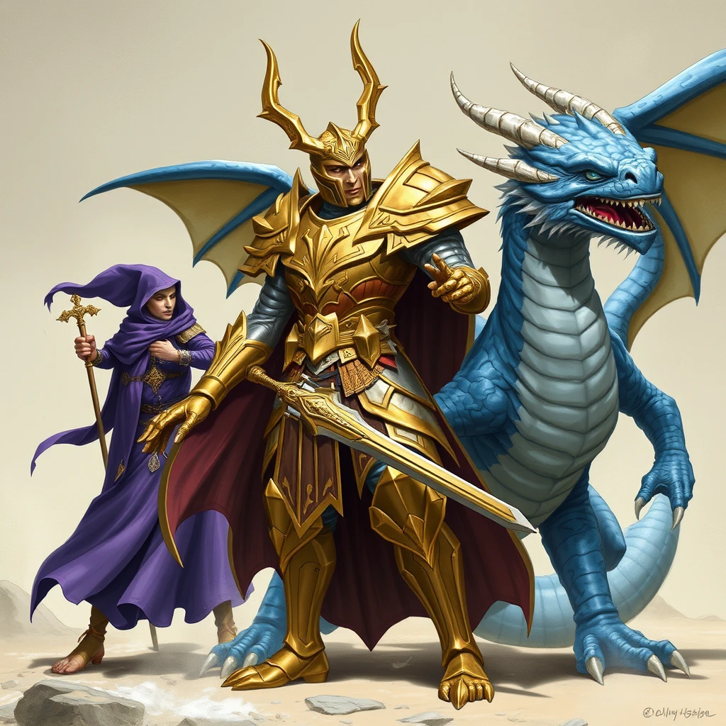 Gold and silver paladin devoted to Bahamut, the paladin doubled in size by an elf mage in a purple robe. The two are fighting a blue dragon with scars across the dragon's body. The paladin and elf are on the left, the dragon on the right. - Image