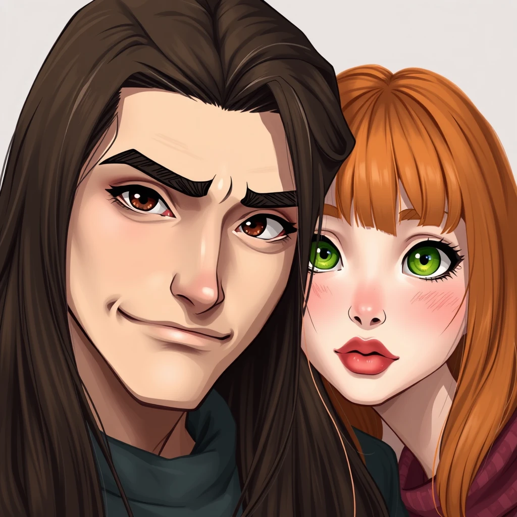 Realistic art style, young man, long dark brown hair parted in the middle, sharp facial features, smirk, pale skin, light brown eyes, thick eyebrows, long eyelashes next to a cute white ginger girl, small nose, pink lips, green eyes, long bangs.