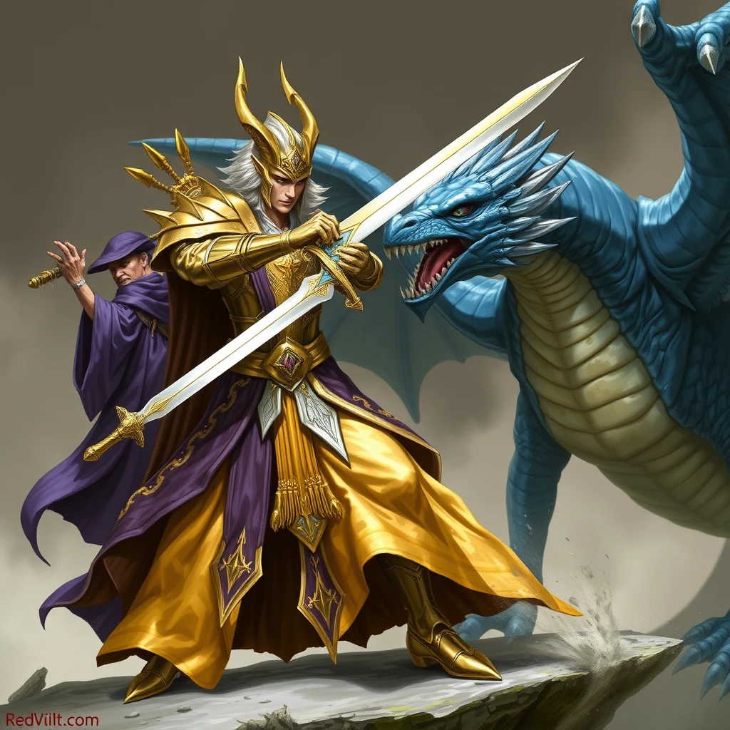 Gold and silver paladin devoted to Bahamut, the paladin doubled in size by an elf mage in a purple robe. The paladin is swinging a sword at a blue dragon with scars across the dragon's body. The paladin and elf are on the left, the dragon on the right. - Image