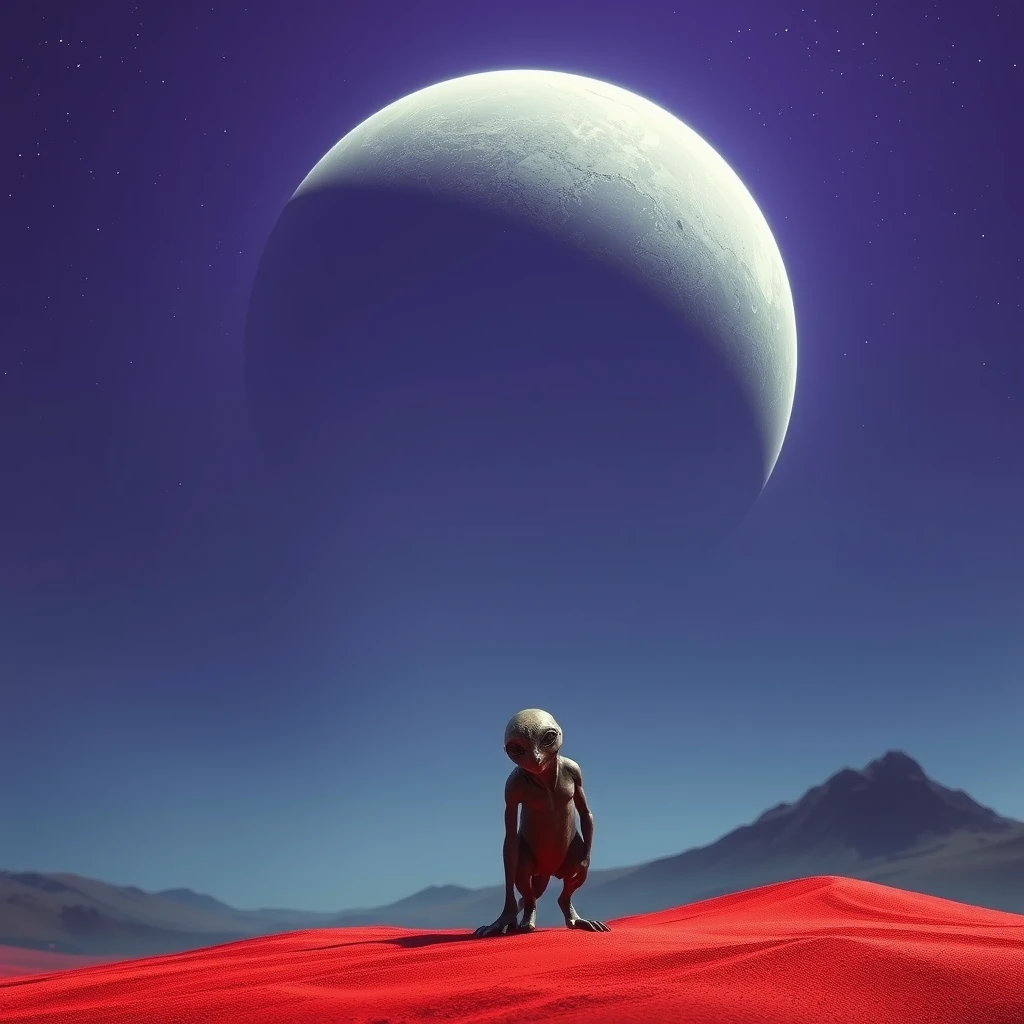 Alien creature, hairless, red sand, large planet in the sky, purple night sky. - Image