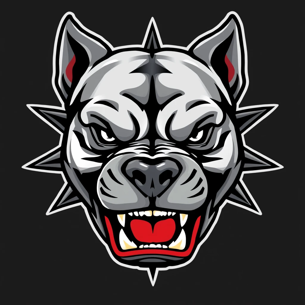 The logo depicts the fierce head of a pitbull, captured mid-growl with bared teeth and a menacing snarl. The pitbull's eyes are intense, radiating determination and strength. The contours of the muscles on the pitbull's face highlight its power and ferocity. Behind the pitbull's head, there are sharp, angular lines to convey aggression and energy. The color scheme could be bold and intense, with shades of black, gray, and red to enhance the menacing vibe of the design.