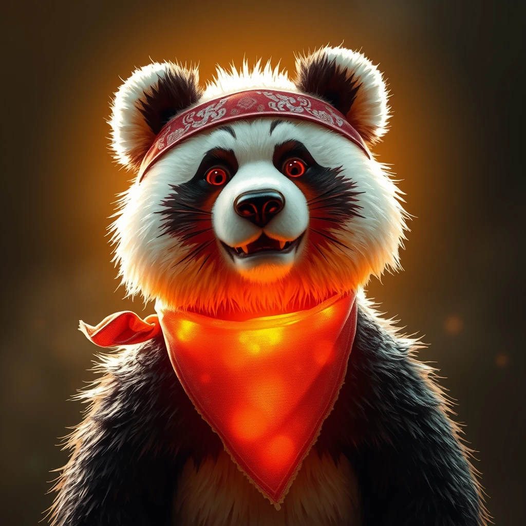 A big crunchy soy panda bear with a bandana tied around his head made of radiant fiery light.