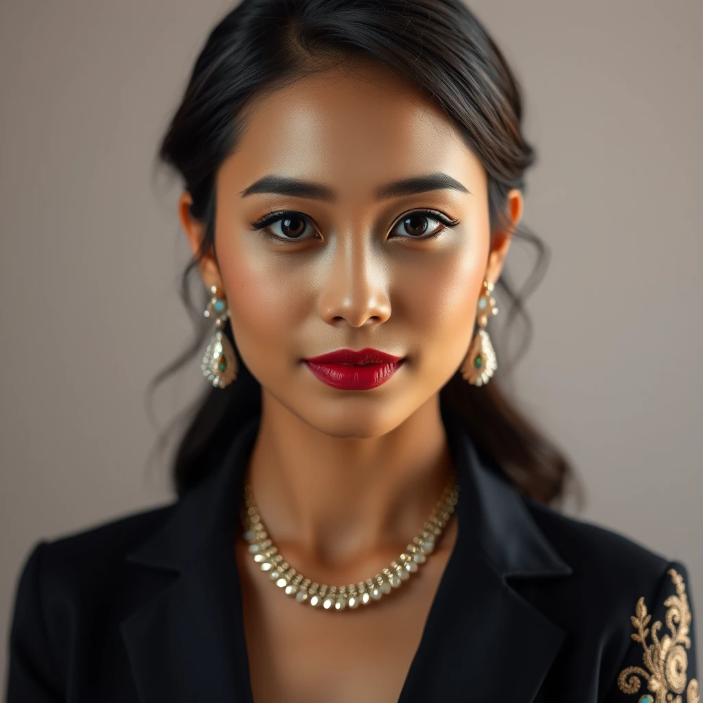 "Create an image of a beautiful Indonesian woman with fair skin. She should be portrayed in an elegant and tasteful manner, reflecting both beauty and confidence. Her attire should be stylish and sophisticated, highlighting her grace and poise. Ensure that the image is respectful and artistic, with a focus on showcasing her features and attire in a refined way. 8K HD."