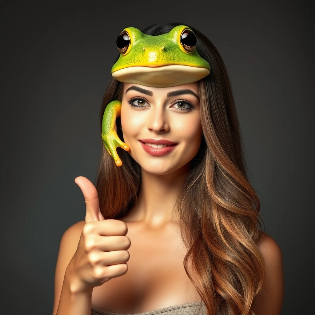 A beautiful woman with a frog head instead of a human head giving the thumbs up.