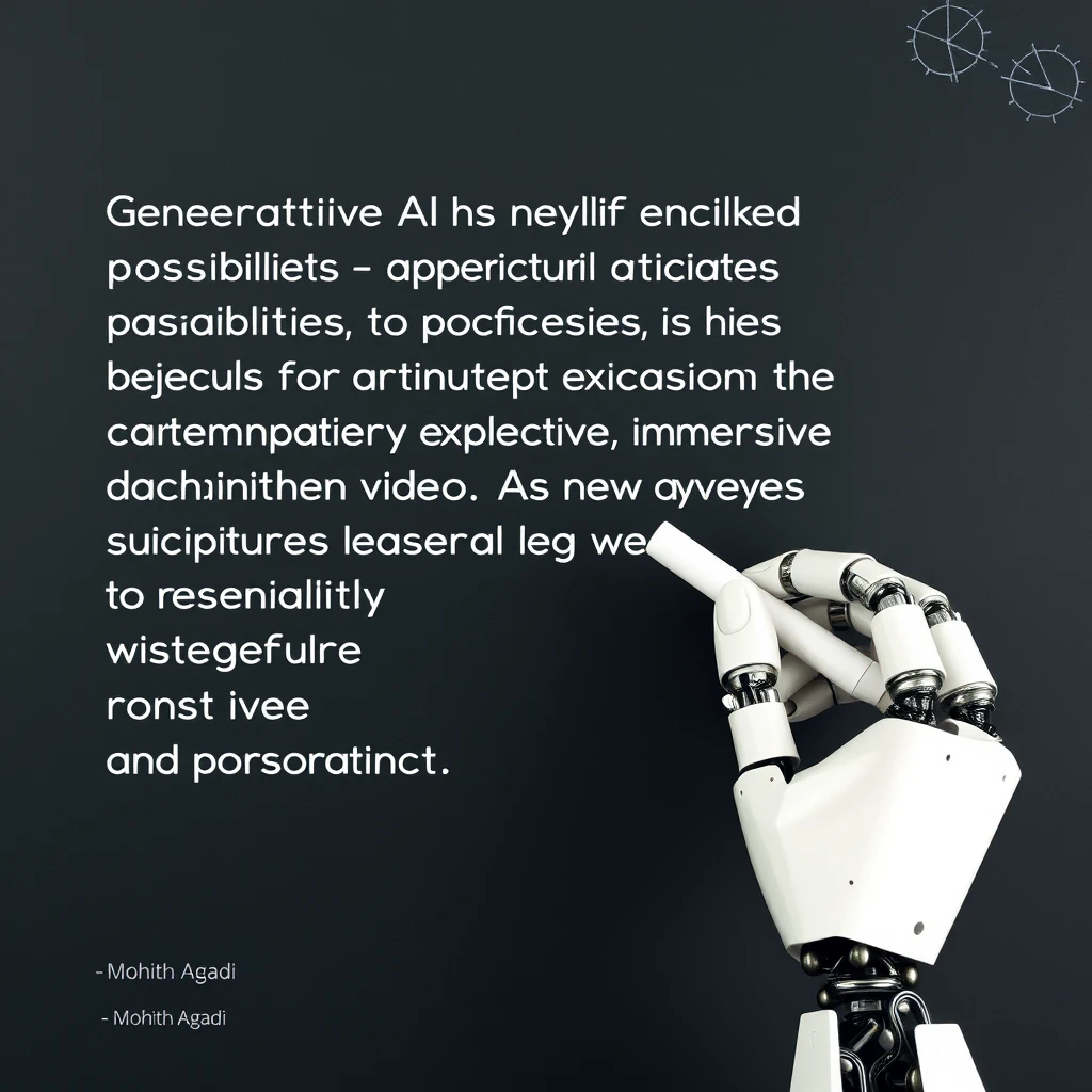 A robotic hand holding a piece of chalk is writing on a chalkboard that has the following text: “Generative AI has unlocked exciting possibilities in the realms of images and videos. Its manipulation and transformative capabilities offer new avenues for artistic expression, content creation, and immersive storytelling. As this technology continues to evolve, it is essential to leverage its power responsibly and ensure its positive impact on society.” ~ Mohith Agadi, classroom style chalkboard.