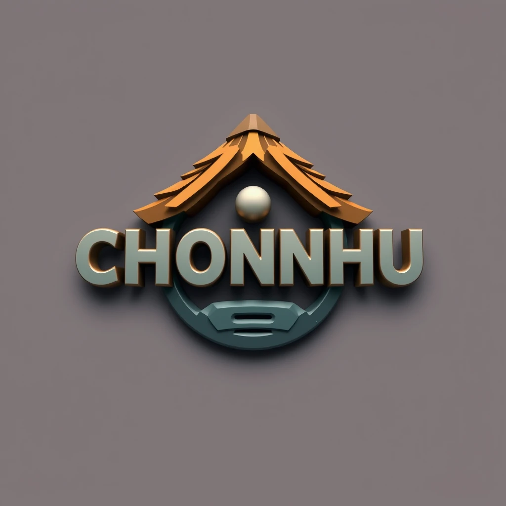 A 3D gaming typography logo featuring the title "CHONNHU" with a circular 3D iconic figure. The figure poses as a hut. The design is minimal, centric, with a color scheme of [COLOR1] and [COLOR2], giving it a lovely and warm appearance.