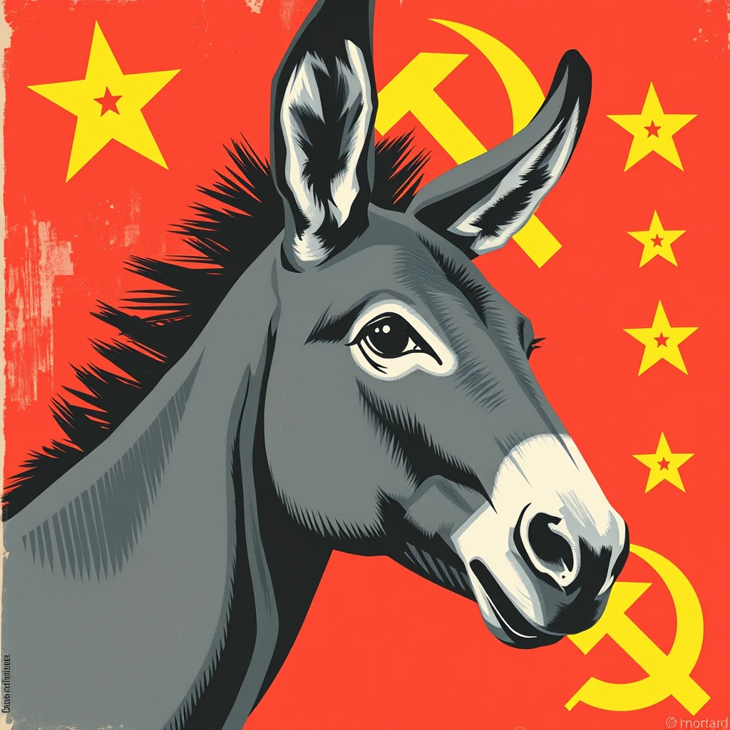 Soviet propaganda poster depicting a donkey. The donkey is in gray, while the background is mostly red with typical Soviet symbols in yellow. - Image