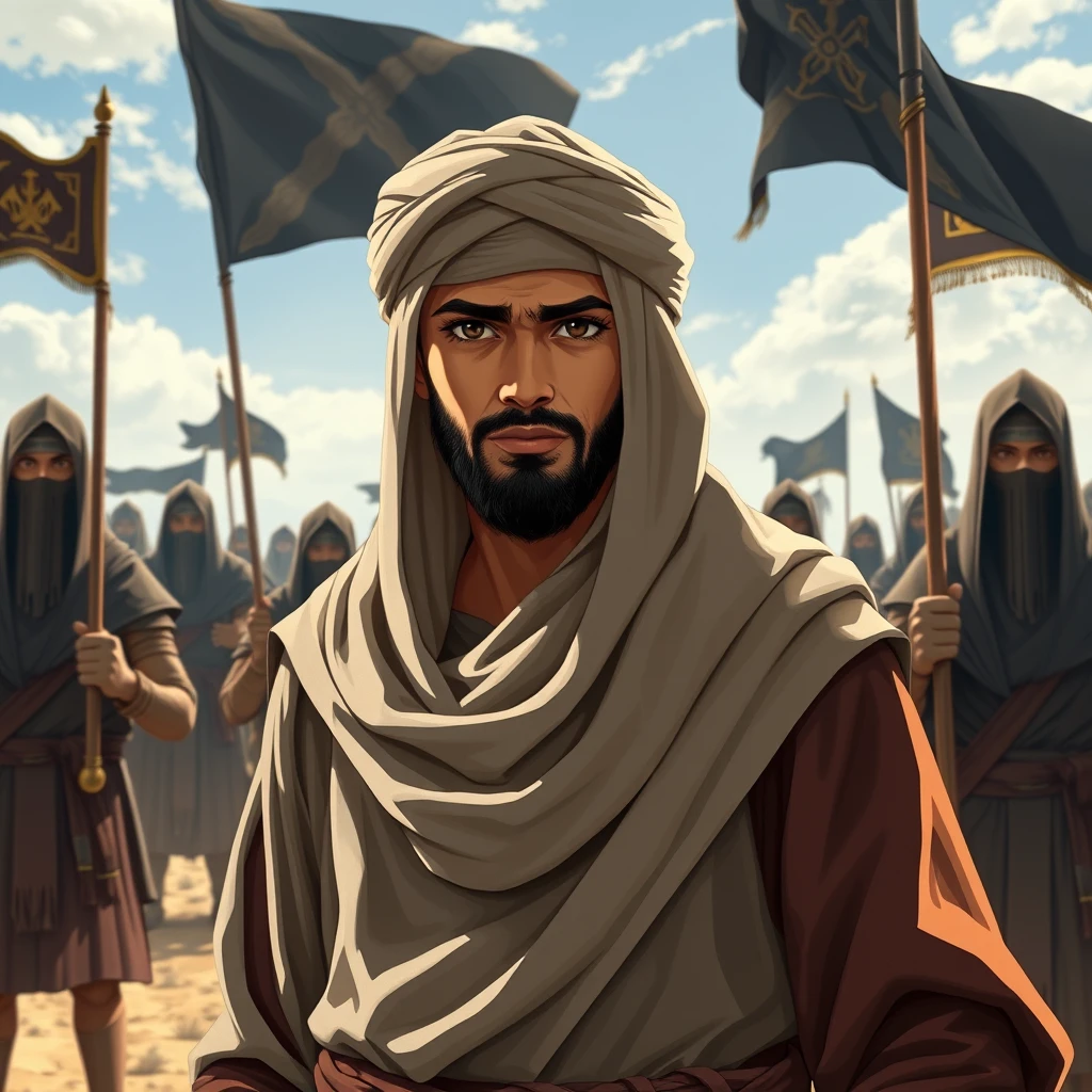 Full-view anime portrait of a young Muslim commander wearing modest biblical cloak-turban clothes, standing behind the great Muslim warriors with a leader expression. The medieval Muslim warriors are wearing veils and holding black banners, guarding him in an open land. The theme is "the conquest of Jerusalem has come," powerful, movie GFX, alpha, acrylic paint shader, dynamic illustration.