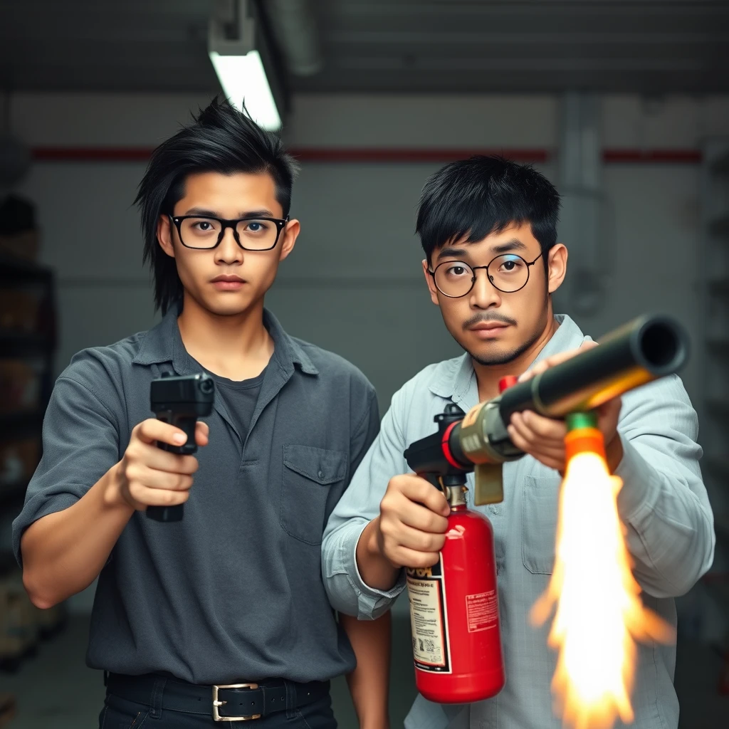 [21-year-old young white Chinese man with long black fringe mullet, square glasses, holding a dangerous pistol]; [21-year-old white Italian man with round prescription glasses and short hair, holding a very large fire extinguisher flamethrower], garage setting, both angry.