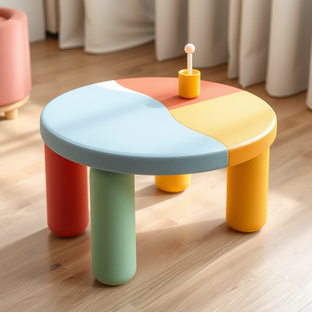 a playful and soft padded multicolor table, small table, soft padding table, top side view