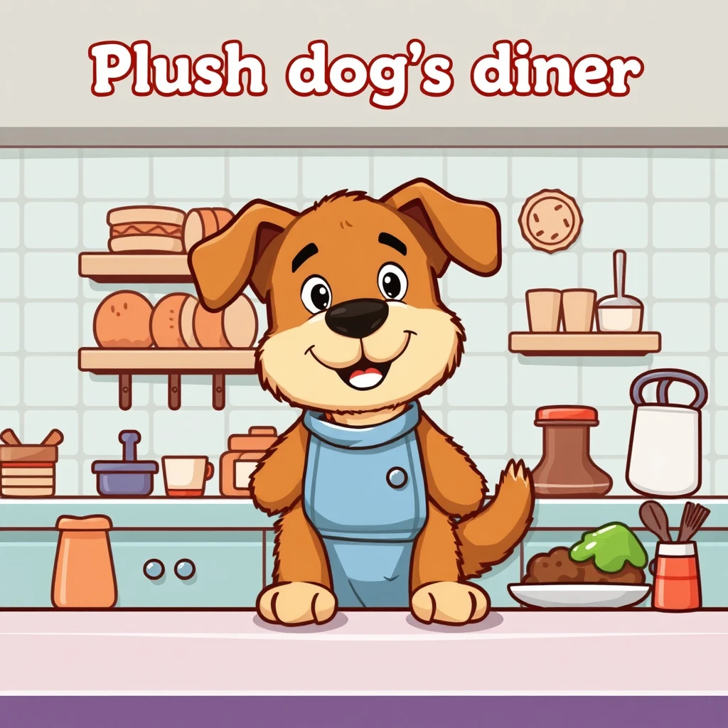 A title screen for a cartoony game about a cute dog chef who works in a kitchen, the dog should be all brown and made of fuzzy fur. The text above the dog should say "Plush dog's diner".