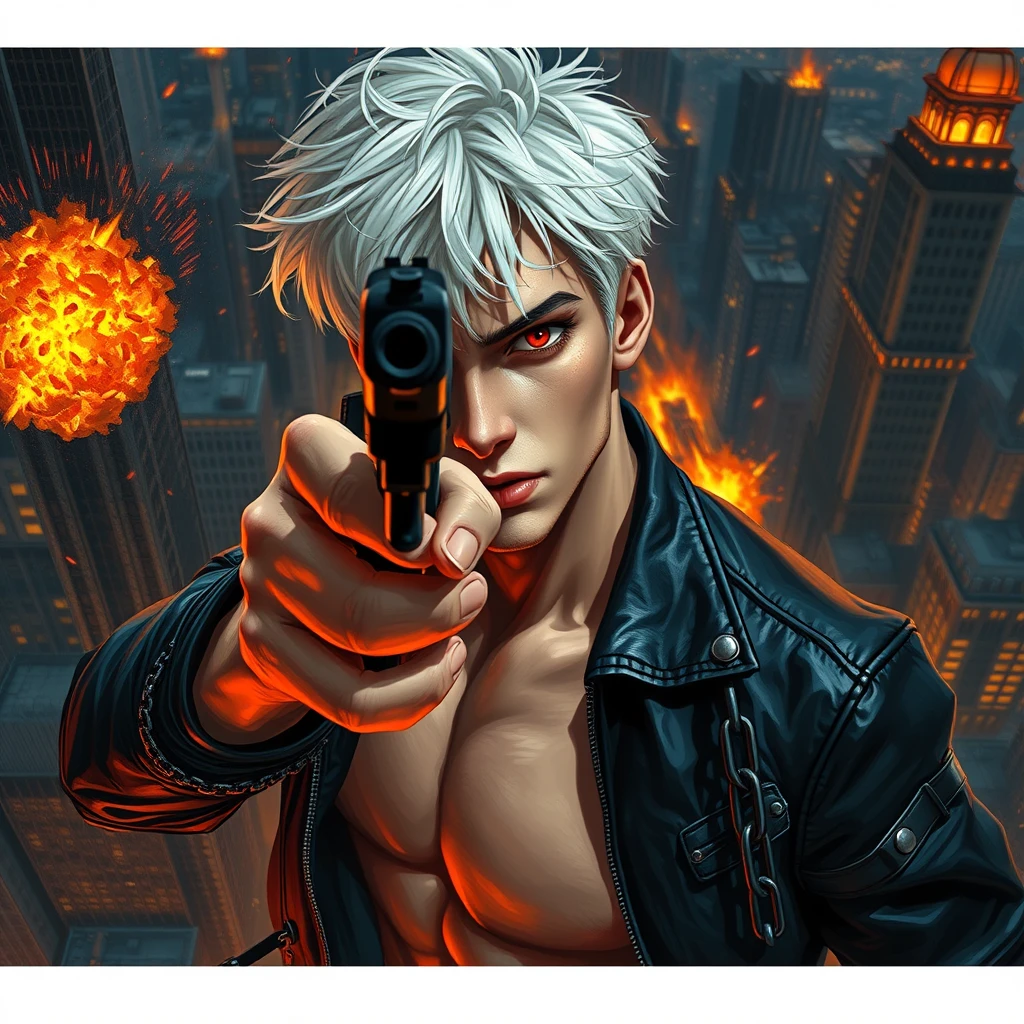 A young adult male with a gun aimed at the camera, short white hair, red eyes, black leather jacket, muscular figure, playful gaze, city night scene, high altitude, flames, explosions, black series, scattered bullet shells, iron chains, messy hair, character facing the camera, upper body, movie level lighting, thick painting style, ultimate color application, oil painting texture, Van Gogh style, Impressionist style, delicate brushstrokes, unclear line drawings, brilliant colors, soft light and shadow, 2.5D, Van Gogh's work.