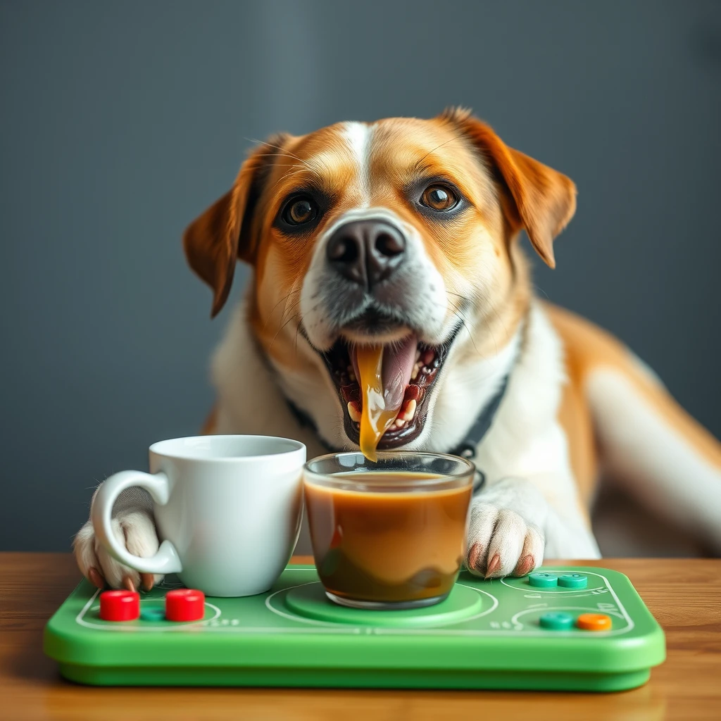 A dog is playing a game while drinking coffee. - Image