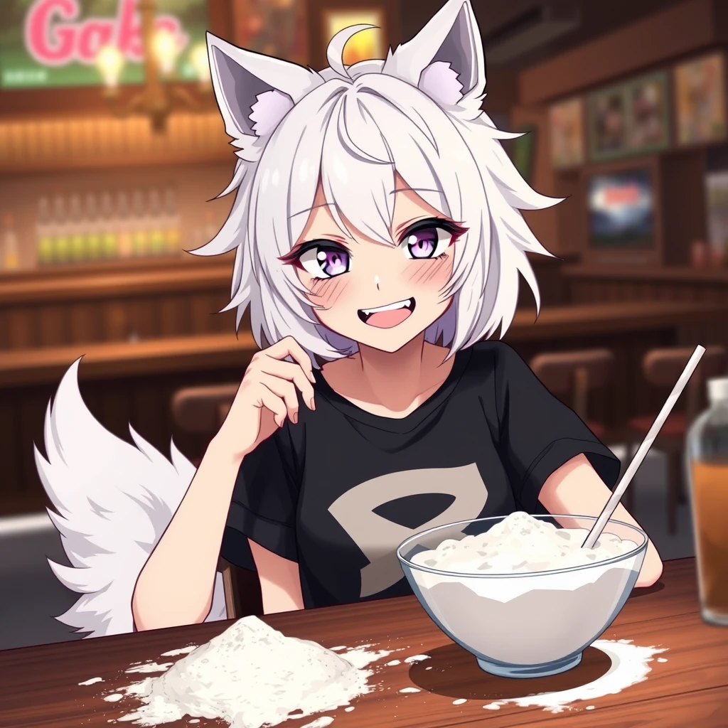 Anime woman with fluffy wolf ears and a fluffy tail, white messy medium hair, purple eyes, wearing a black t-shirt, sitting at the table in a bar. On the table is flour; the girl looks with a big crazy smile at the flour and has a straw in her right hand. - Image