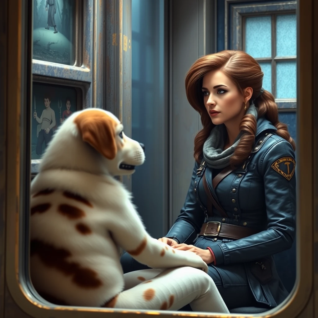 Realistic photo of Leela from Doctor Who sitting in the TARDIS talking to K9. - Image