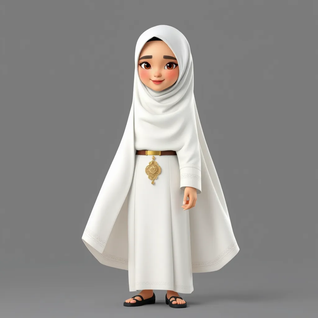 Create a 3D animated cartoon of a Muslim woman from Palembang wearing a long white gamis. The character should be highly detailed with 8K resolution. Focus on traditional Palembang features and cultural elements. - Image