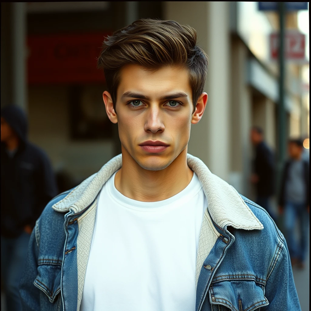 Freddie Prinze head and body shot, handsome, young, serious face, white T-shirt, collage jacket, jeans, hyper-realistic, street photography.