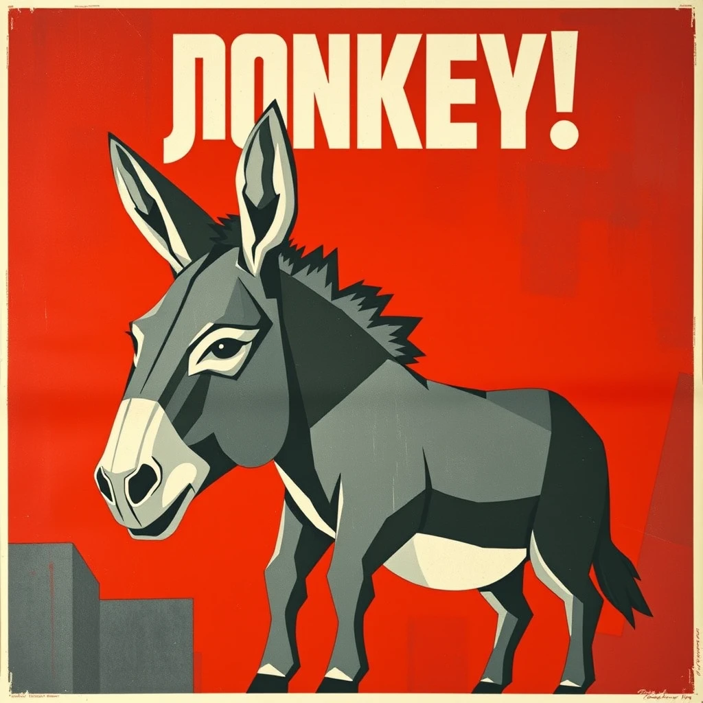 Soviet propaganda poster depicting a donkey in a constructivist style. The donkey is gray and the background is dark red. - Image