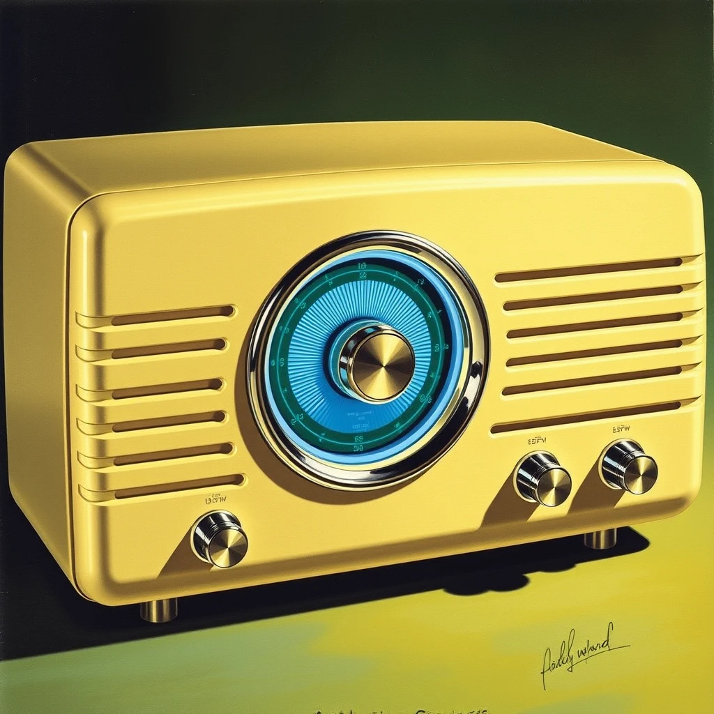 A Montgomery Ward brand, multi-band radio concept, featuring a backlit blue-glass tuning dial, as painted by Arthur Sarnoff.