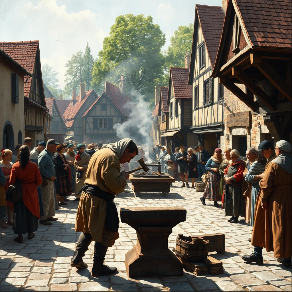 A bustling medieval village square centers around the blacksmith's open-air workshop. The blacksmith, seen in profile, hammers rhythmically on an anvil. Painted in the style of Pieter Bruegel the Elder, with a vast depth of field and minutely detailed background activities. Villagers in vibrant period attire gather to watch or conduct business. The composition follows the golden ratio, with the blacksmith positioned at a focal point. Warm afternoon light bathes the scene, casting long shadows and highlighting the smoke rising from the forge. - Image