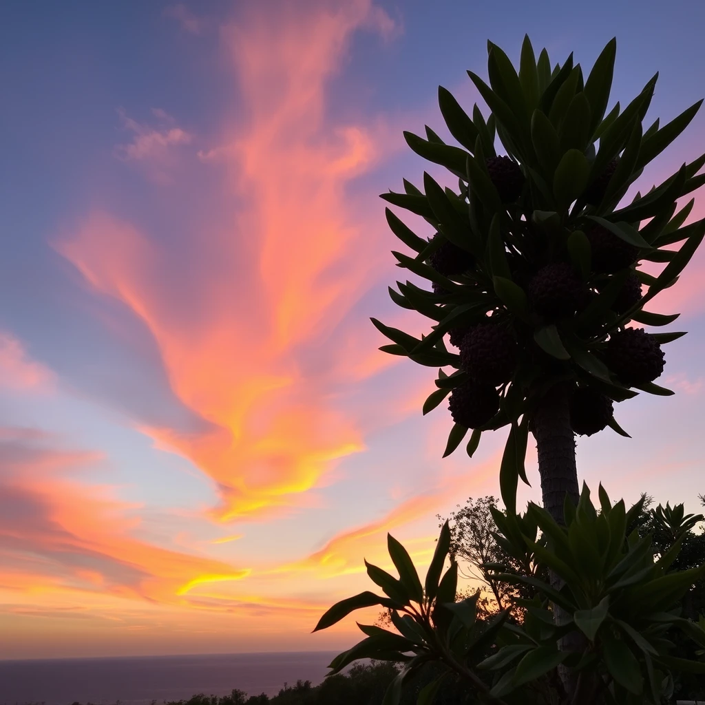 Pitaya tree in front of sunset