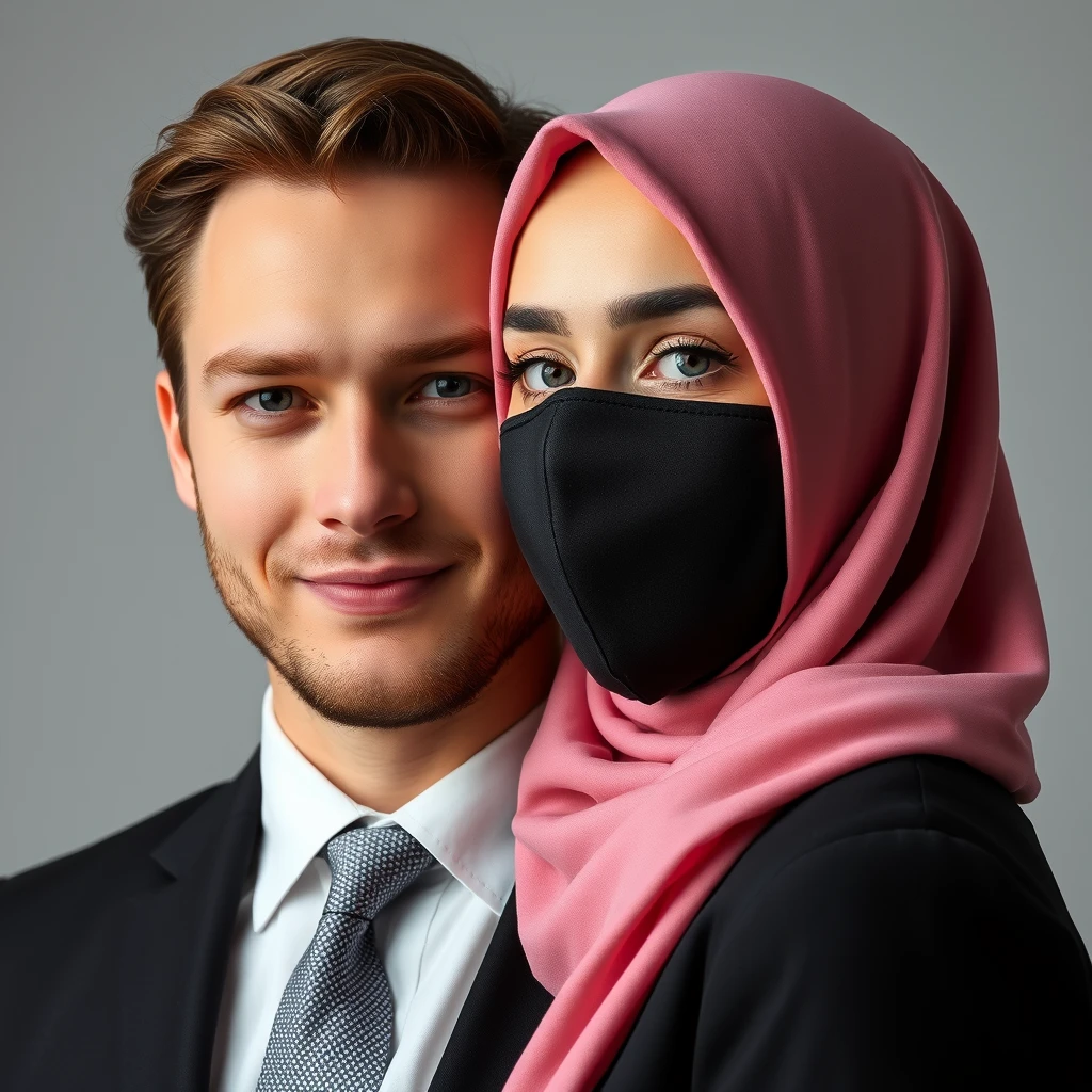 Jamie Dornan's head and body shot, handsome, young, shy smile, white shirt half buttoned, grey patterned tie, black coat suit, dating love with the biggest soft pink hijab girl, beautiful eyes, face mask black, biggest floral juba, hyper realistic, studio photography. - Image