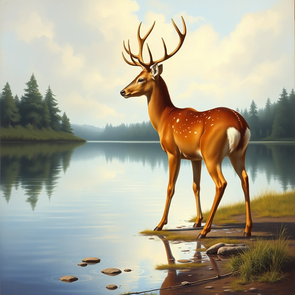 A deer stands at the water's edge gazing at her reflection, a painting by Arthur Sarnoff.