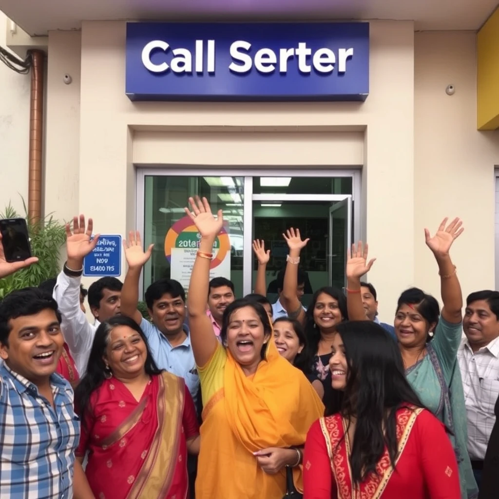 People celebrating in front of a call center office. - Image