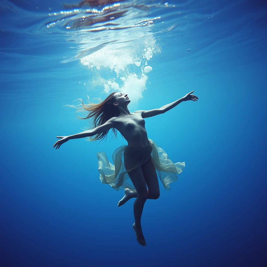 A symbolic portrait: A young woman dancing underwater.