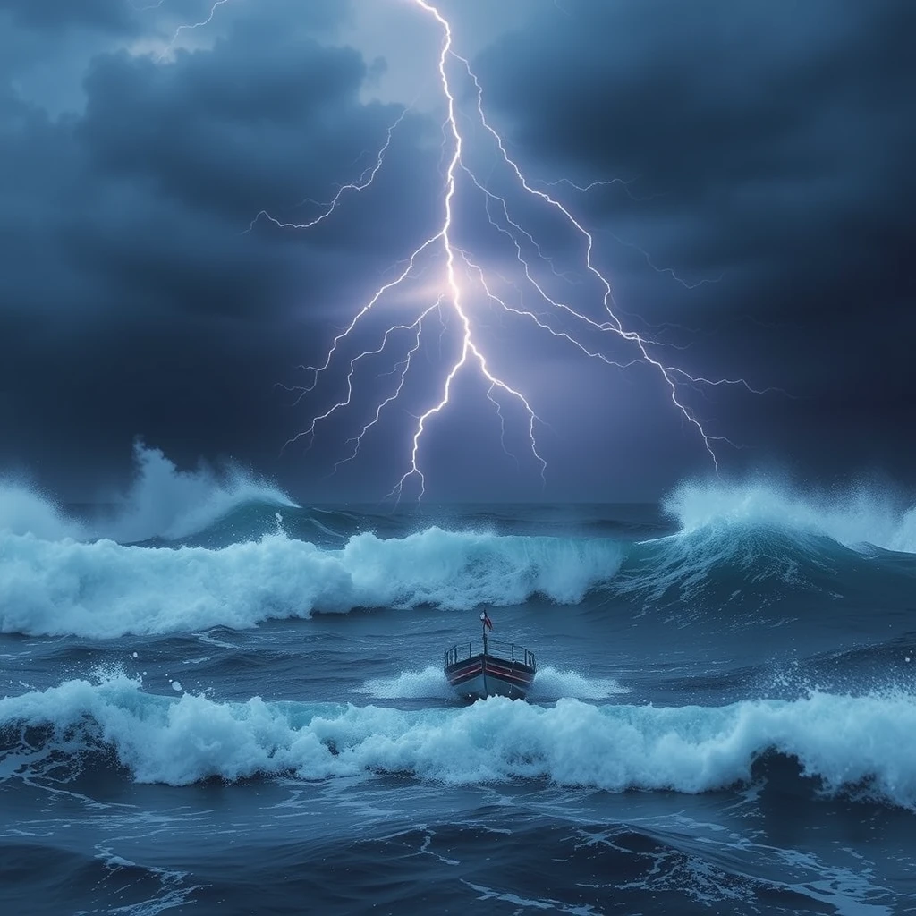 Sea storm, lightning, small boat - Image