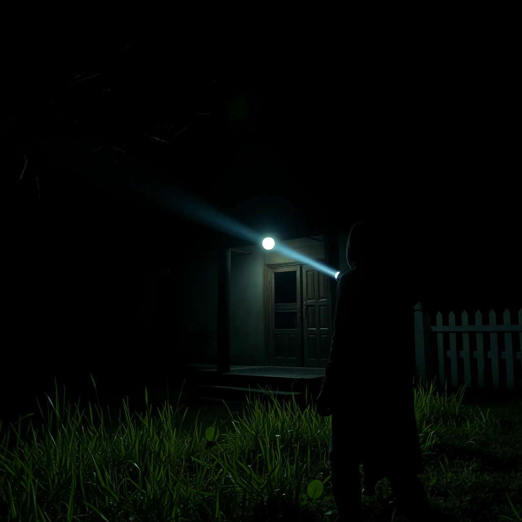 Mysterious figure lurking near an abandoned old Javanese Traditional Joglo house, without electricity, pitch dark ambience under the dark night, someone shines a powerful incandescent flashlight towards the old Javanese Traditional Gebyok house, dramatic shadows, suspenseful mood, cinematic style, neglected yard with tall grass and a white picket fence, 4k --ar 4:3