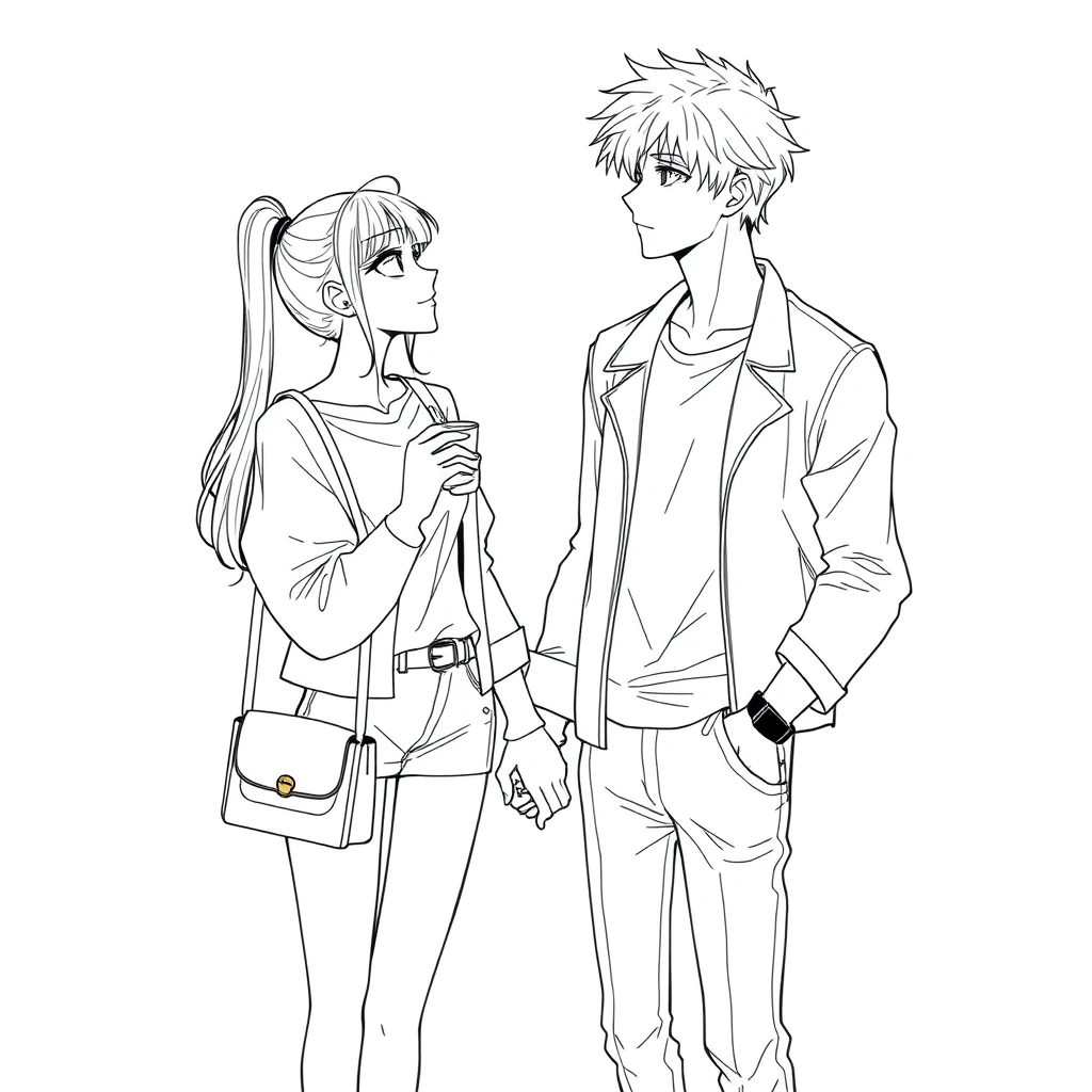 anime lineart, young woman in fashion standing with a tall handsome boy, she is leaning on the boy, looking at him with love, simple background, cup, handbag, hand in hand,