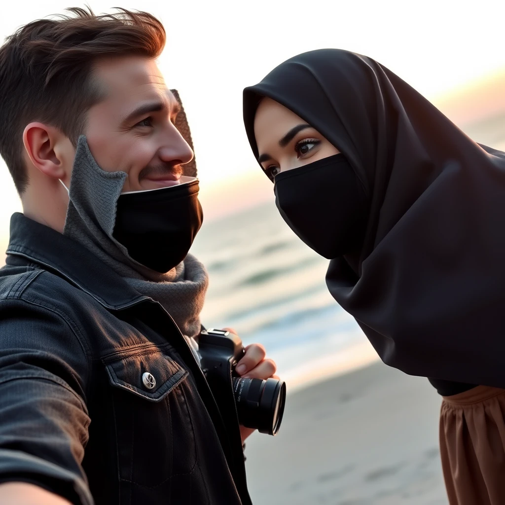 Jamie Dornan's head and body shot, handsome, face mask black, jeans jacket, jeans, dating, love couple, with the biggest grey hijab Muslim girl, face mask black, beautiful eyes, black leather jacket, biggest skirt, taking photo at beach, camera DSLR Canon, sunrise, hyper-realistic, street photography.