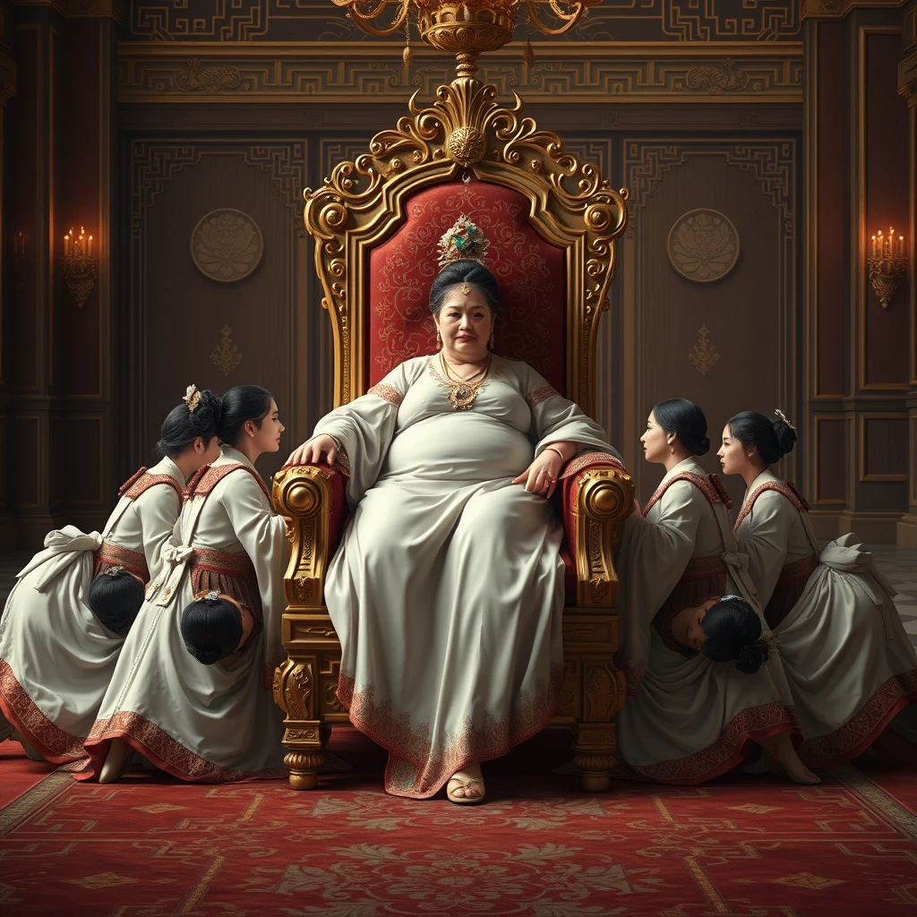 A group of palace maids crawled forward, carrying a luxurious throne on their backs, with the plump empress sitting on it, resting. - Image