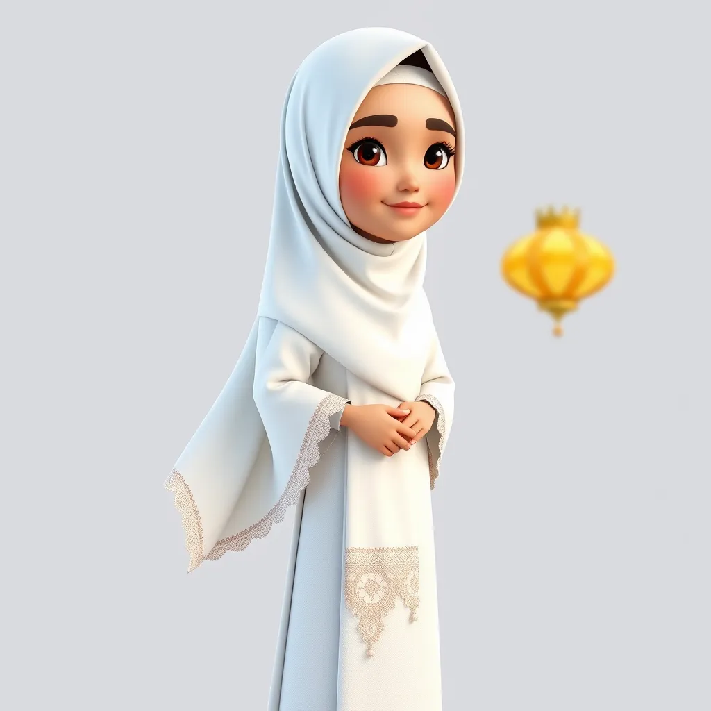 "Create a 3D animated cartoon of a Muslim woman from Palembang wearing a long white gamis. The character should be highly detailed with 8K resolution. Focus on traditional Palembang features and cultural elements." - Image