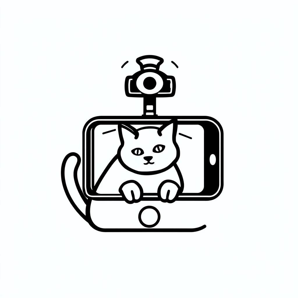 Design a logo for me. The theme is monitoring a cat using a phone camera; use black simple lines.