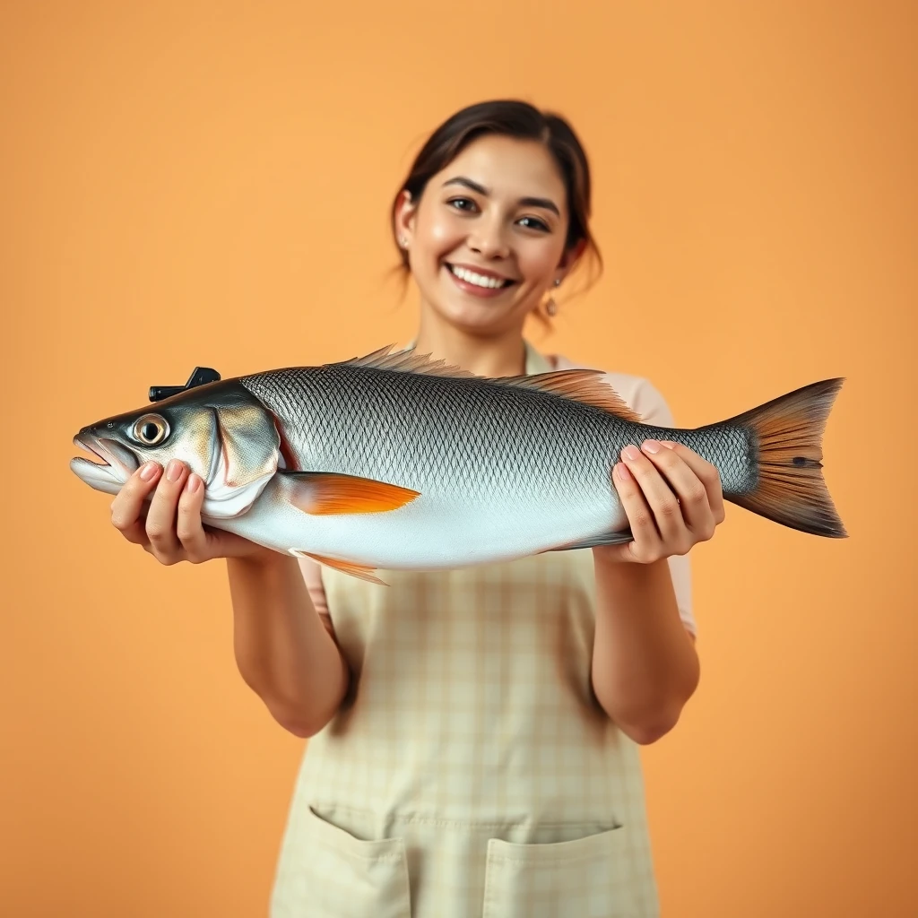 A beautiful contented woman holds a huge fish in her hands in a beautiful clean apron on a simple light orange background, filmed on a Sony camera.