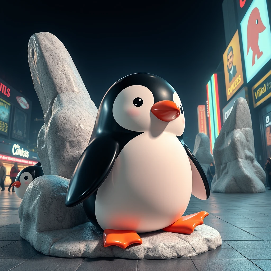 kawaii pengu, in the style of neo-geo, large-scale sculpture, realistic yet stylized, louis, gestural markings, cinestill 50d, animation - Image