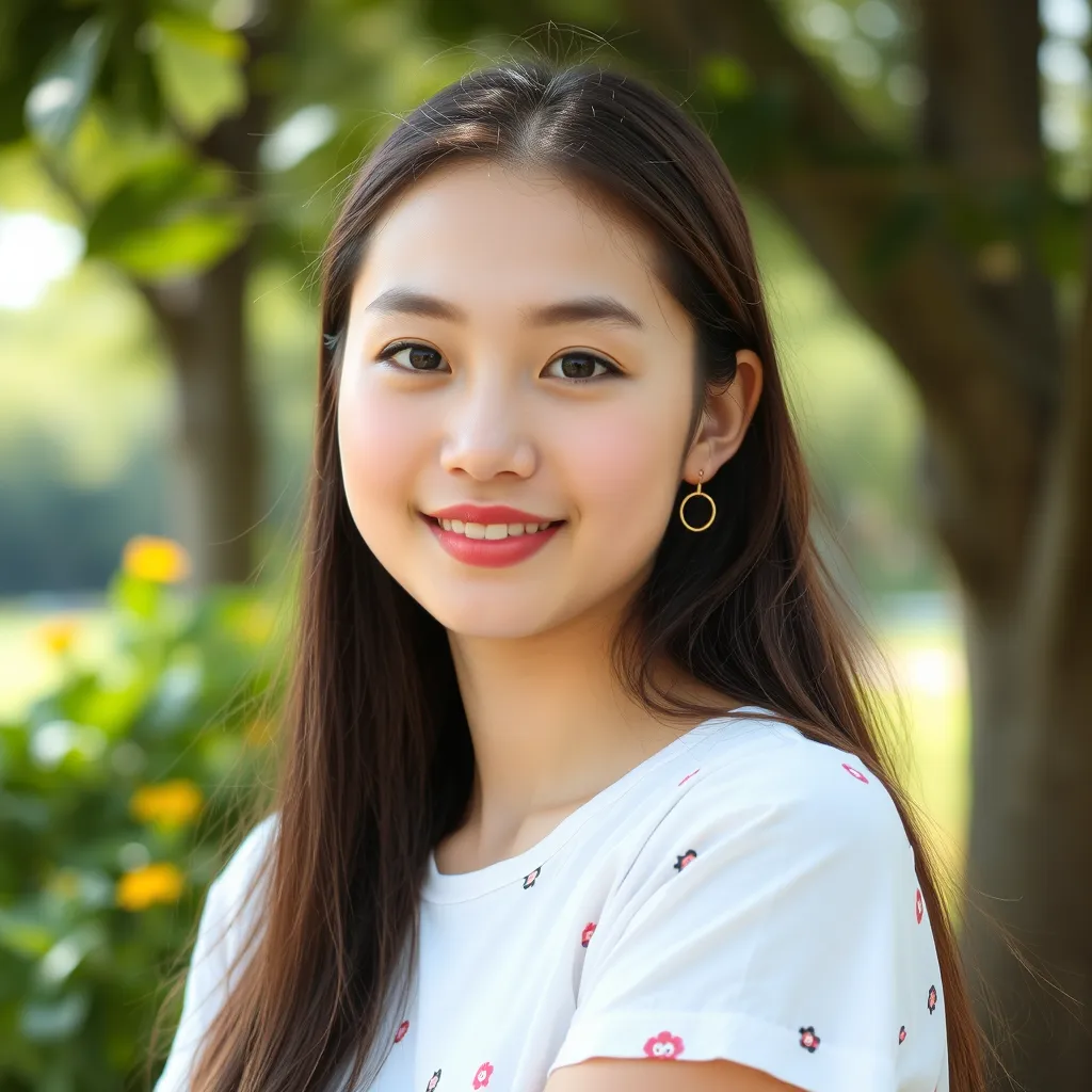 A girl, pretty beautiful, oval face, Chinese, 18 years old, college student, summer.