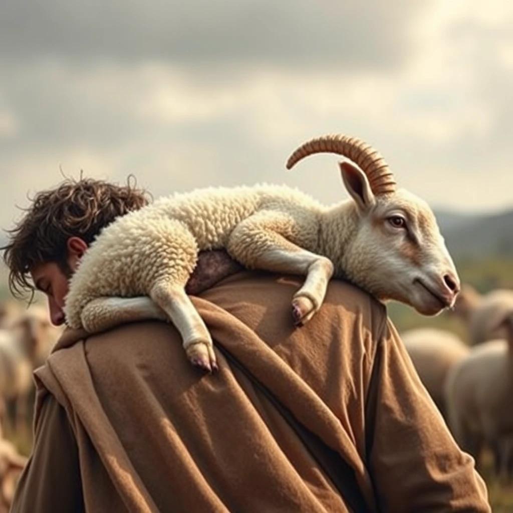 A lost and wounded sheep was carried on the shoulder of an Israelite shepherd who was glad that his lost sheep had been found. - Image