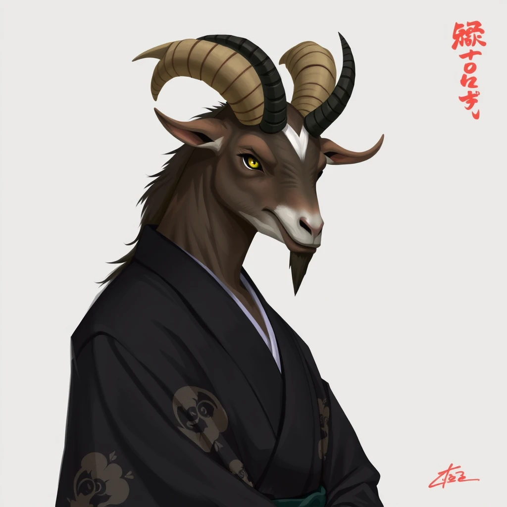 A man with a goat head wearing a black kimono, 2D art. - Image