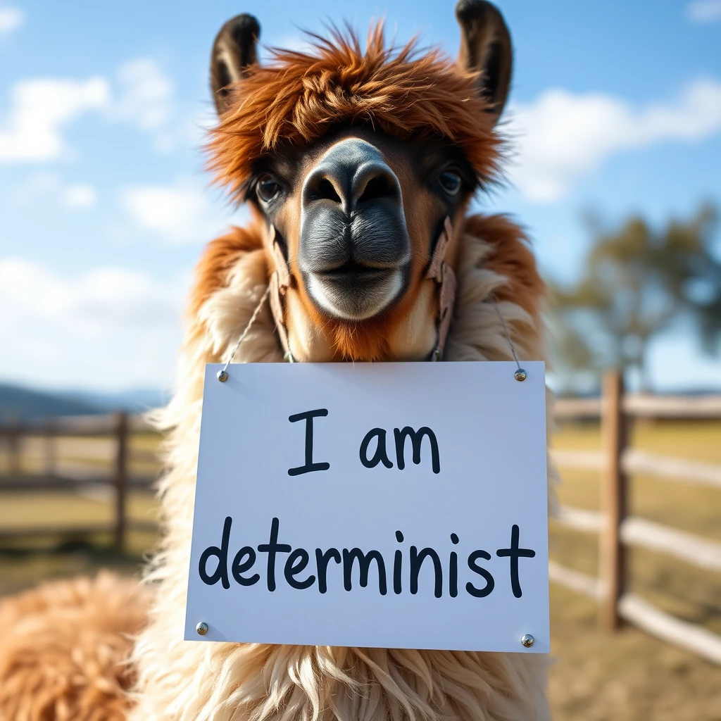 A llama with a signboard that reads "I am deterministic." - Image