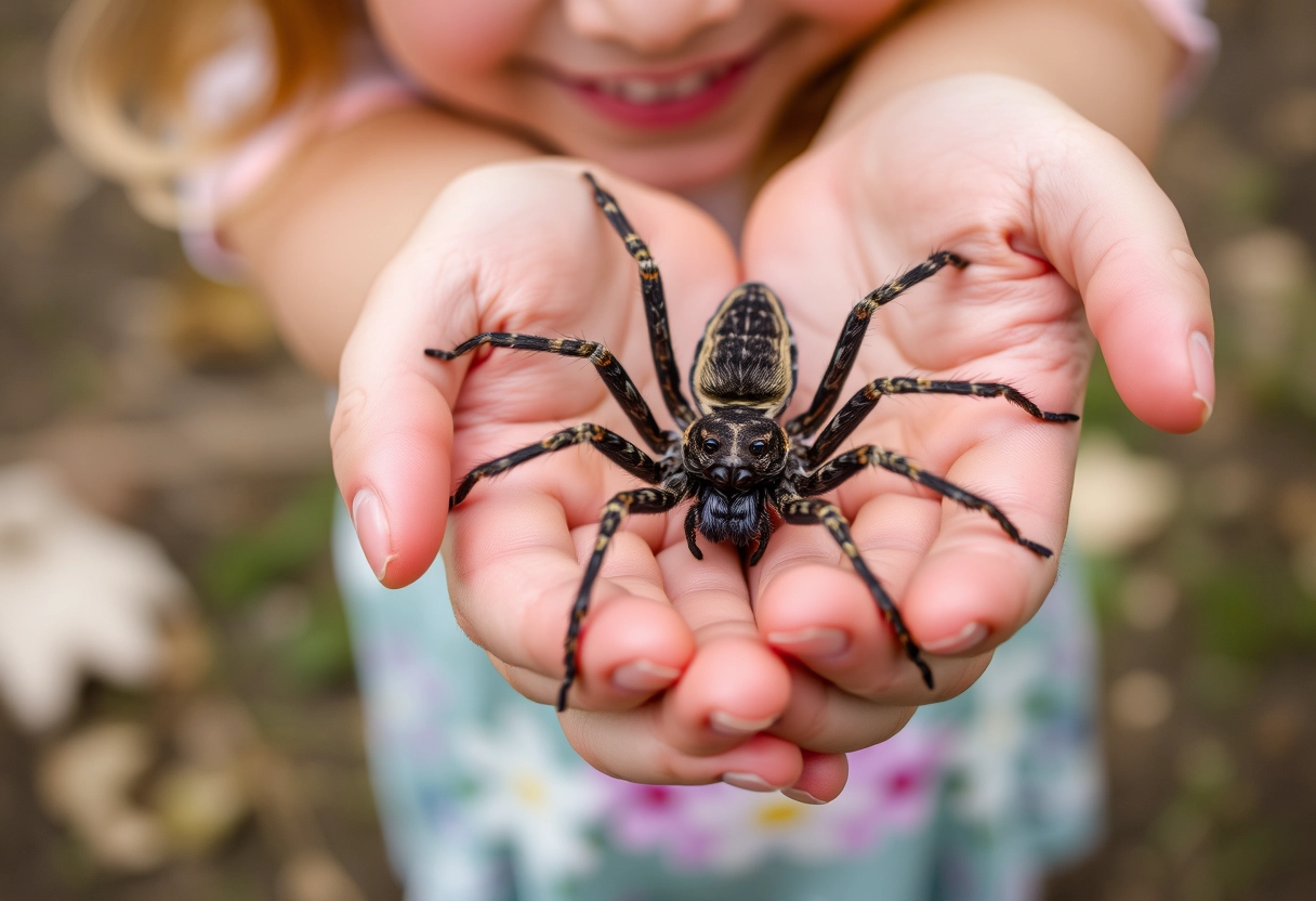 Girl holds a big spider in her hands.