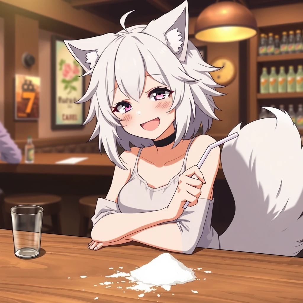 An anime woman with fluffy wolf ears and a fluffy tail, messy medium-length white hair, and purple eyes is sitting at a table in a bar. On the table is a little bit of flour. The girl looks at the flour with a big crazy smile and has a straw in her right hand. - Image